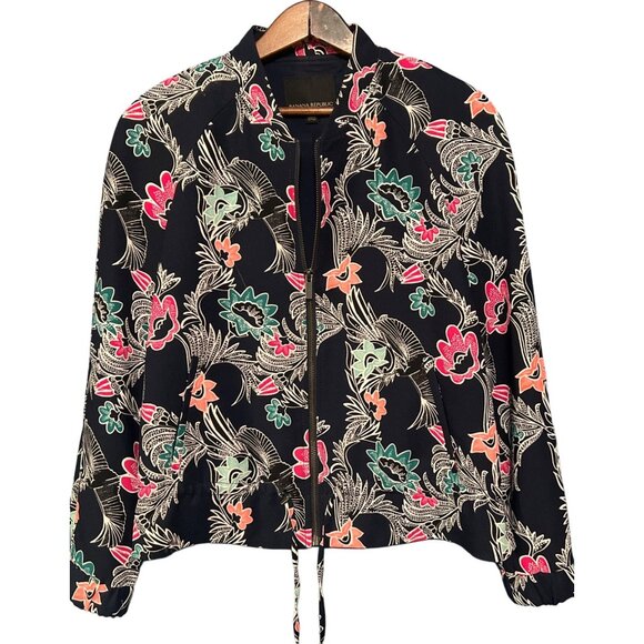 Banana Republic XS Floral Print Fully Lined Zip-Up Bomber Jacket Navy Floral - Picture 1 of 9